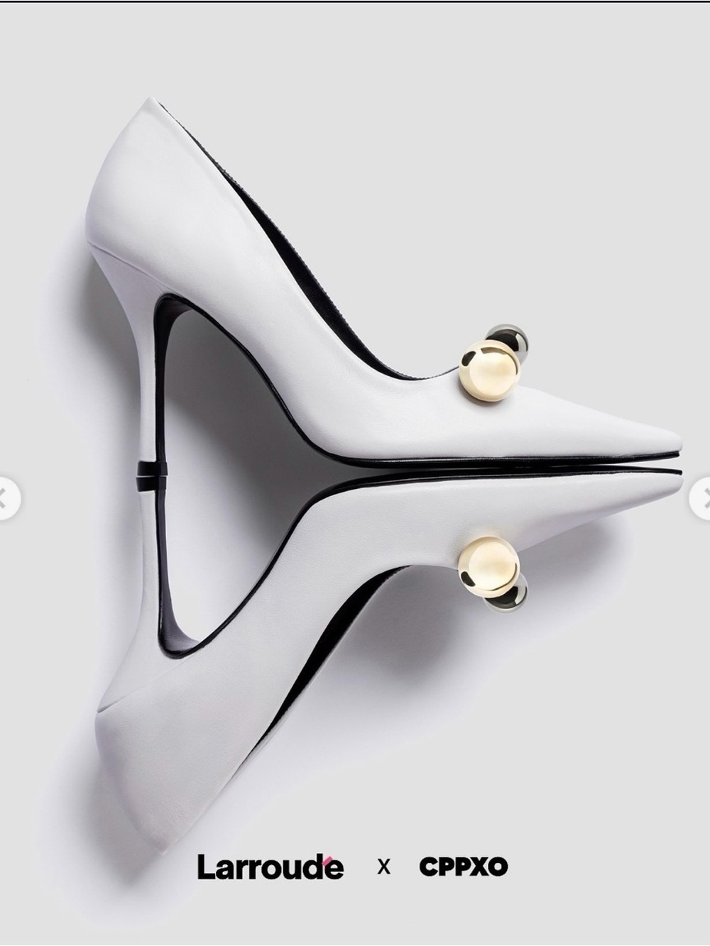 Larroude White Leather Pointed Toe Stiletto Pumps with Gold Orb Accent
